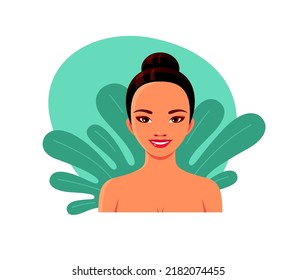 Portrait Of Young Asian Woman On Leaves Background. Female Character For Illustration Of Cosmetology Services, Clinic, Women's Health, Skin Care, Spa. Vector Cartoon Avatar Of Happy Girl 