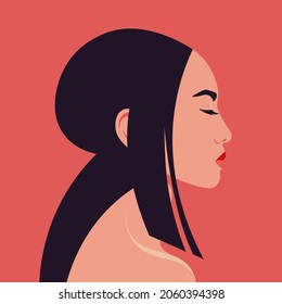 A portrait of a young Asian woman in profile. A fashion model’s head with closed eyes on a red background. Side view. Avatar. Vector flat illustration