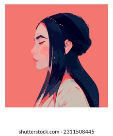 A portrait of a young Asian woman in profile. Side view avatar. A fashion model’s head with closed eyes on a red background. Vector illustration in hand drawn style. - Shutterstock ID 2311508445