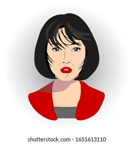 Portrait of a young asian woman in red suit on white background. Avatar. Isolated. Vector illustration 