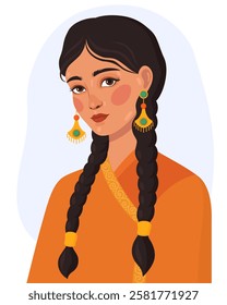 Portrait of a young asian woman with two long black braids. Kazakh girl in yellow dress and gold earrings. Pretty girl. Vector illustration.