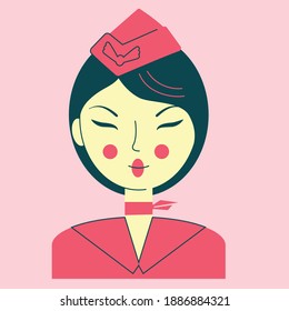 Portrait of a young asian woman in the uniform of a stewardess, a face with narrow eyes, a cap hostess profession, vector illustration