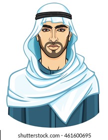 Portrait of the young attractive Arab man in a  keffiyeh.  he vector illustration isolated on a white background.