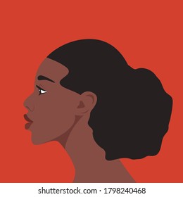 Portrait of Young Attractive Beautiful Afro Black Woman on Red Background. Avatar. Female Character. Cartoon Face. Single Person. Vector Illustration. Side View