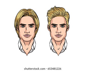 Portrait of young attractive guy before and after haircut. Set of two types of hair styling of a young man. Avatar for barbershop.