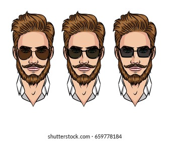 Portrait of a young attractive guy in sunglasses. Hipster in glasses of different shapes.