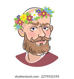 Portrait of a young bald bearded man in a flower wreath. Line style with colored spots. Isolated on white background. Vector flat illustration