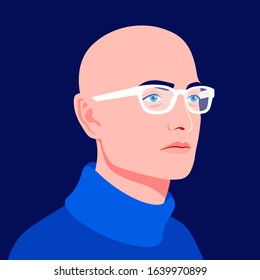 Portrait of a young bald man in a half-turn. Professional avatar for a social network. Head of a businessman in stylish glasses. Vector flat illustration