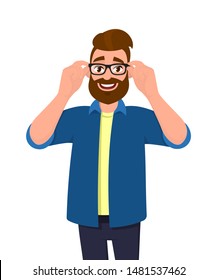 Portrait of young bearded man holding or adjusting the eye glasses with hands. Trendy person wearing spectacles. Male character design illustration. Modern lifestyle, concept in vector cartoon style.