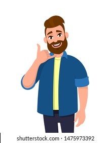 Portrait of young bearded  man making showing phone or call me gesture with hand fingers shaped like telephone. Trendy person raising arm. Male character design illustration. Modern lifestyle concept.