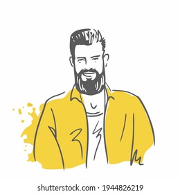 Portrait of a young bearded man in a yellow jacket. Hand-drawn vector outline illustration. Isolated on white.