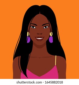 Portrait of a young beautiful, African American smiling woman with long straight hair, vector flat illustration. Attractive black fashion girl avatar.