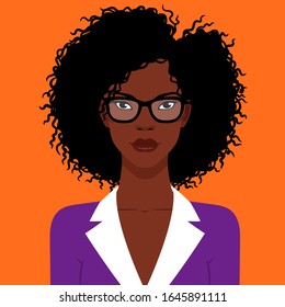 Portrait of a young beautiful, African American businesswoman in eyeglasses vector flat illustration. Confident black woman avatar.