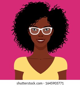 Portrait of a young beautiful, African American smiling woman with Afro hairstyle, vector flat illustration. Attractive happy black girl in eyeglasses.