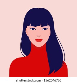 Portrait Of A Young Beautiful, Asian Fashion Woman, Vector Flat Illustration. Asian Cute Girl Avatar.