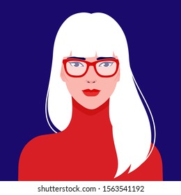 Portrait of a young beautiful,  Asian fashion woman in eyeglasses, vector flat illustration. Asian cute girl avatar. 