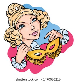 Portrait of young beautiful blonde girl with vintage hairstyle holding the mask. Smiling and happy lady. Masquerade and holiday celebration. Ball gown. Pastel colors. Vector stock illustration.