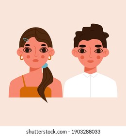 Portrait of a young beautiful couple. Avatars of women and men in a trendy style. Modern vector illustration.