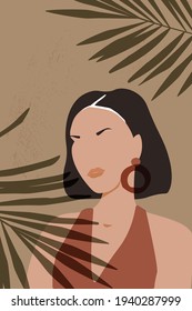 Portrait of a young beautiful fair-skinned female with jewels and black hair on a background of palm leaves. Modern abstract minimalism poster, invitation, banner. Vector graphics.