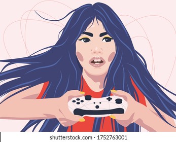 Portrait of young beautiful girl with controller / joystick. Female gamer plays a video game. Flat vector illustration.