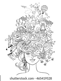 Portrait of young beautiful girl with crazy psychedelic hair and her dreams, wishes, hobbies - lifestyle concept. Creative adult coloring book page.