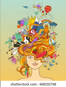 Portrait of young beautiful girl with crazy psychedelic red hair and her dreams, wishes, hobbies - lifestyle concept. 