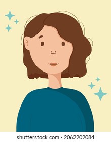 Portrait of a young beautiful girl in a knitted turquoise sweater. Brunette with curly hair. Vector portrait in a modern flat style on a delicate yellow background with stars.