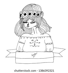 Portrait young beautiful girl with the long hair and flower coloring page. Black line art element for adult coloring book page design, child magazine, shirt and other.