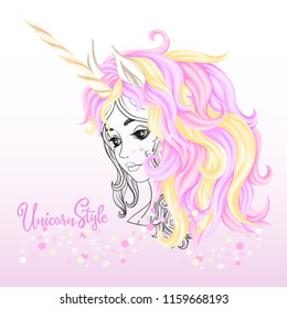 Portrait of young beautiful girl in a multi-colored wig with a mane and horn of a unicorn and glitter. Colored and outline design. Vector illustration.