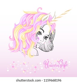Portrait of young beautiful girl in a multi-colored wig with a mane and horn of a unicorn and glitter. Colored and outline design. Vector illustration.