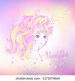 Portrait of young beautiful girl in a multi-colored wig with a mane and horn of a unicorn and glitter. Colored and outline design. On light ultra violet pastel colors pink, background. Vector 