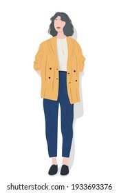 Portrait of a young beautiful girl with short wavy hair wearing oversized yellow jacket and dark-blue jeans, flat illustration isolated on white background