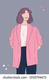 Portrait of a young beautiful girl with short wavy hair wearing oversized pink jacket and dark jeans, flat illustration isolated on gray background