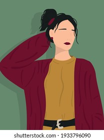 Portrait of a young beautiful girl with short wavy ponytail hairstyle and red lips wearing oversized cardigan, isolated flat illustration