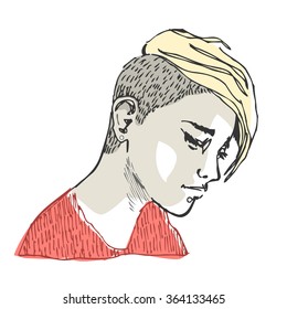 Portrait of a young beautiful girl with a trendy hairstyle. Vector illustration.