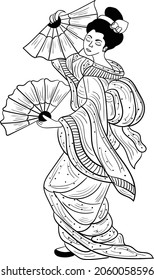 Portrait of young beautiful Japanese geisha girl. Wearing a traditional kimono. holding the fan. Japanese geisha girl vector black and white clip art and line art stock illustration.