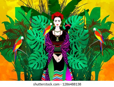 Portrait of the young beautiful Latin America woman with a traditional hairstyle. Mexican earrings Handmade, crown of red flowers. Traditional Mexican dress, death's day. Vector floral background