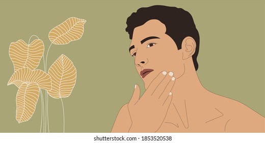 Portrait of young beautiful man. Male touches the hand face after shaving, shower, workout.  Shirtless torso. Male skin care routine. Foliage and portrait. Vector illustration concept.