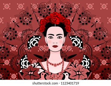 Portrait the young beautiful mexican woman and traditional hairstyle  Mexican earrings  crown flowers   red flowers  Traditional Mexican dress  death's day  Vector floral mandala background