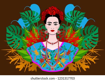 Portrait of the young beautiful Mexican woman with a traditional hairstyle. Mexican jewels, crown of flowers and red flowers. Mexican craftsmanship, ethnic dress, death's day. Vector floral background