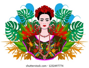 Portrait of the young beautiful Mexican woman with a traditional hairstyle. Mexican jewels, crown of flowers and red flowers. Mexican craftsmanship, ethnic dress, death's day. Vector floral background