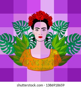 Portrait of the young beautiful mexican woman with a traditional hairstyle. Mexican skulls earrings, crown of red flowers and traditional Mexican dress. Floral leafs and purple square background