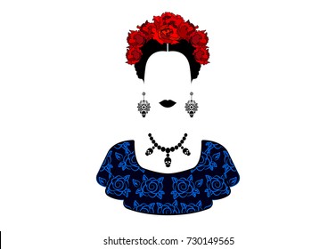 Portrait of the young beautiful mexican woman style with a traditional hairstyle. Mexican crafts earrings, skull necklace and red flowers, Traditional Mexican Catrina, death's day. Vector isolated