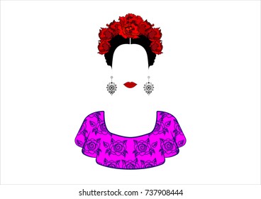 Portrait of the young beautiful mexican woman with a traditional hairstyle. Mexican crafts earrings, crown red flowers, Traditional Mexican Catrina, death's day. Vector isolated