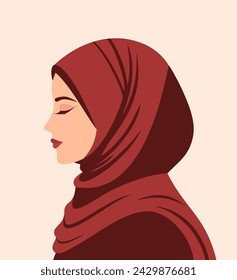 Portrait of young beautiful muslim woman in hijab, side view. Flat vector illustration