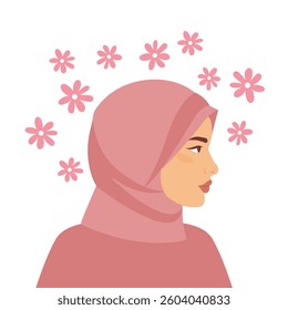 Portrait of young beautiful muslim woman in hijab, side view. Arab woman in profile. Avatar of girl for social networks. Woman with scarf on her head and flowers. Girl with covered head