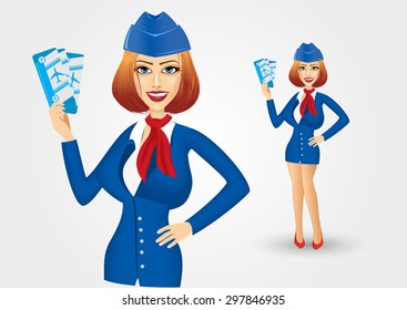 portrait of young beautiful stewardess dressed in blue uniform holding tickets with hand on hip