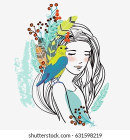 Portrait of young beautiful woman with berries and ethnic feathers in hair and with a bird on her shoulder