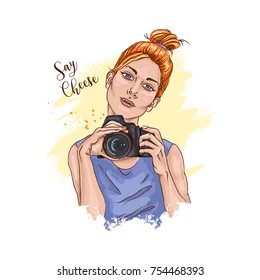 Portrait of young beautiful woman with camera. Vector illustration.