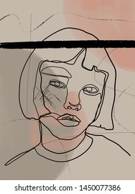 Portrait of a young beautiful woman drawn in one black continuous line on an abstract background with color geometric details in pastel shades. Creative contemporary composition. 